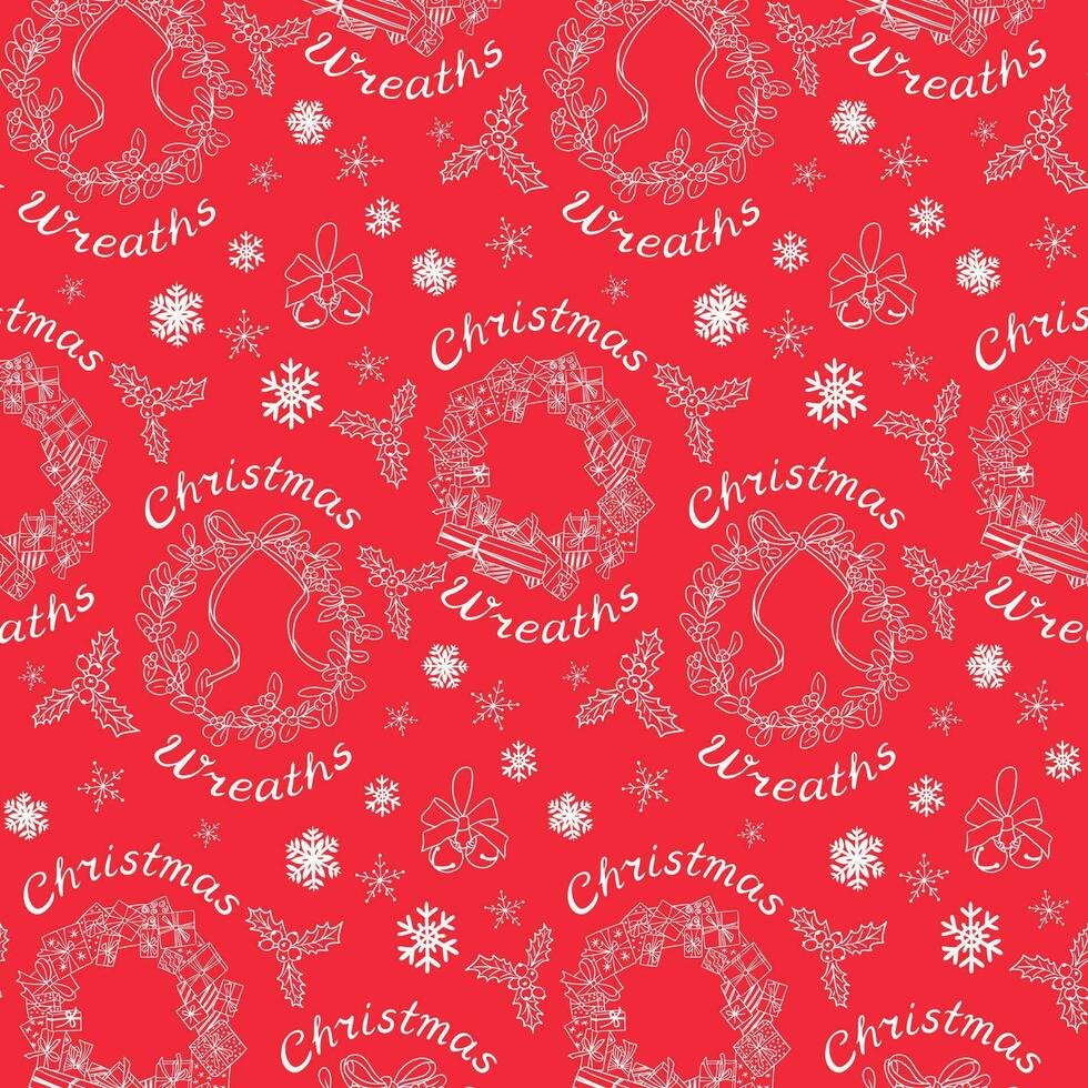 Christmas seamless pattern with traditional wreaths, holly berries, snowflakes, jingle bells, mistletoe. White doodle elements on red background. Winter holiday design for decoration, wrapping, banner vector