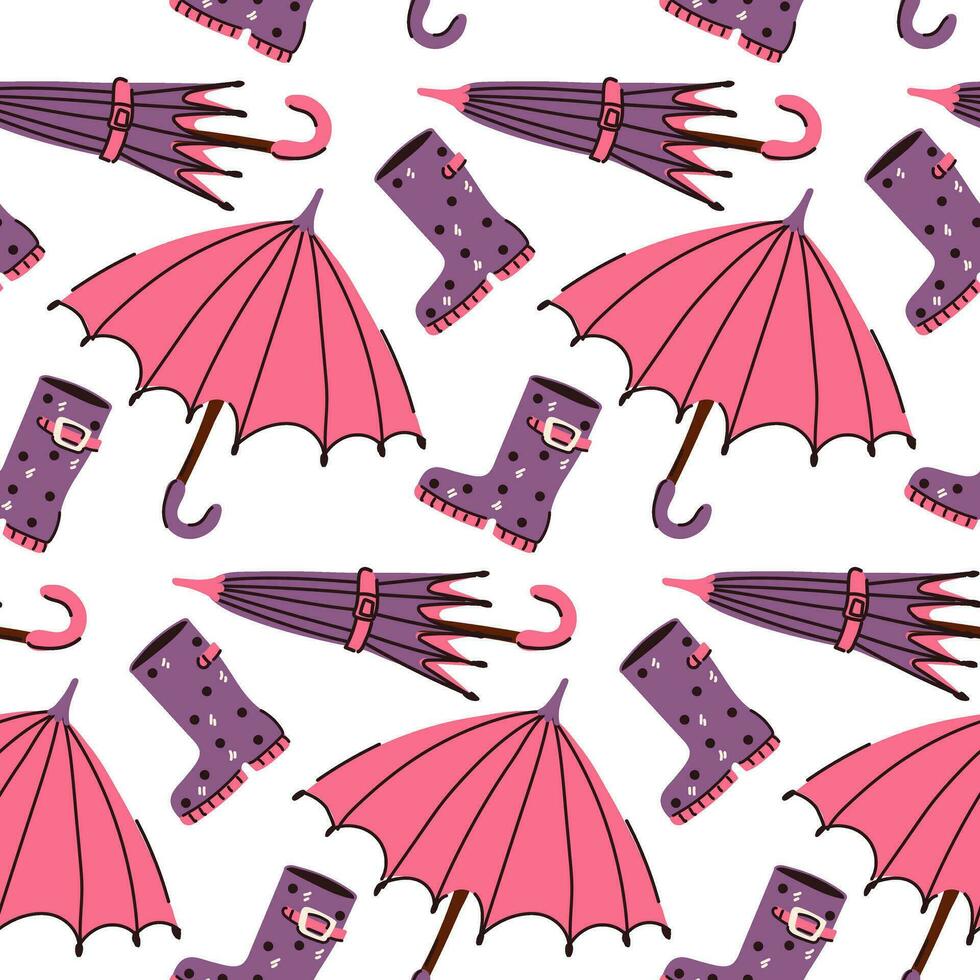 Pattern of open and closed colored umbrellas and rubber boots. Seamless, repetitive flat autumn cartoon texture. Cute weather protection on a white. Umbrellas and boots, printing on textiles, paper vector