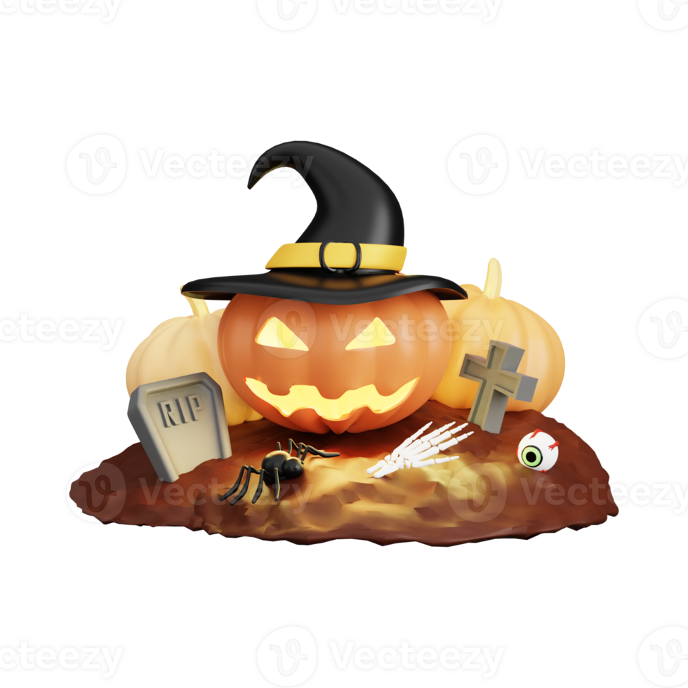 Halloween 3D illustrations, lantern, zombie, witches hat, pumpkin, cauldron, eyeball, werewolf, ghost, full moon, coffin, bat, vampire, skeleton, monster, witch, web, spider, Halloween 3D High png. png