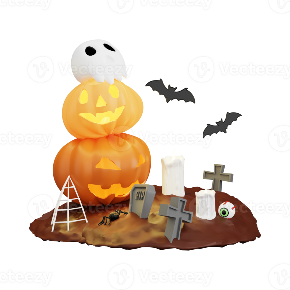 halloween 3d illustraties, lantaarn, zombie, heksen hoed, pompoen, ketel, oogbol, weerwolf, geest, vol maan, kist, knuppel, vampier, skelet, monster, heks, web, spin, halloween 3d hoog png. png