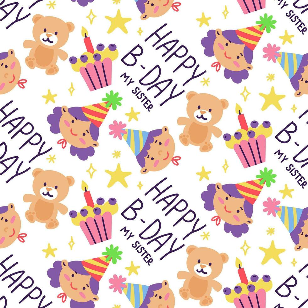 Pattern with children, gifts and the inscription happy birthday sister. A girl, a boy in festive cones with a cupcake, a bear and stars on a white background. Texture for printing on packaging, gifts vector
