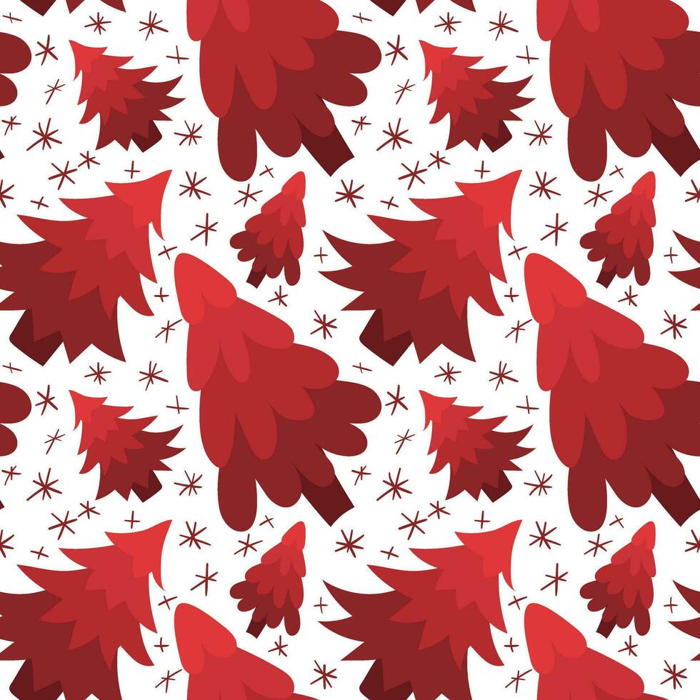 Pattern with pink Christmas trees on a white background. Vector Christmas trees, snowflakes seamless background. Ideal for making fabrics, textiles, scrapbooking and wallpaper. Gift packaging