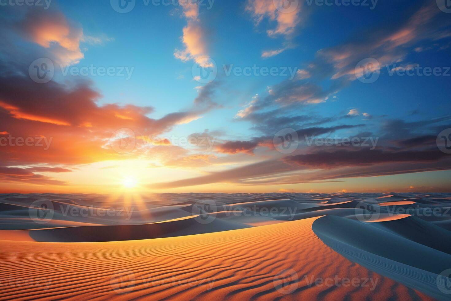 Sunset, dawn over sand dunes in the desert. Beautiful view of the desert. photo
