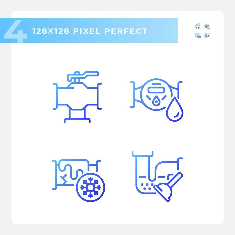 2D pixel perfect gradient icons set representing plumbing, blue thin line illustration. vector