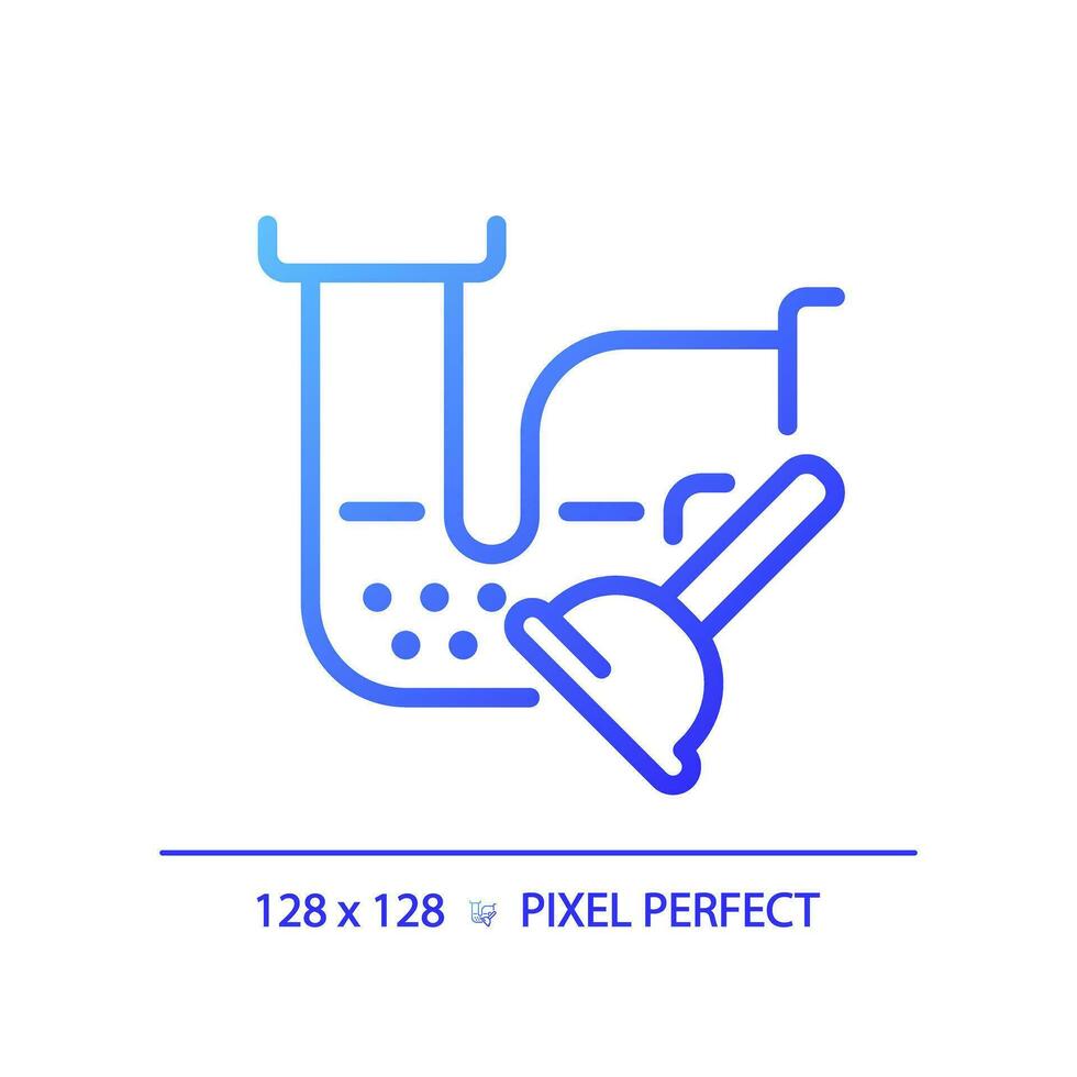 2D pixel perfect gradient drain blockage and plunger icon, isolated vector, blue thin line illustration representing plumbing. vector