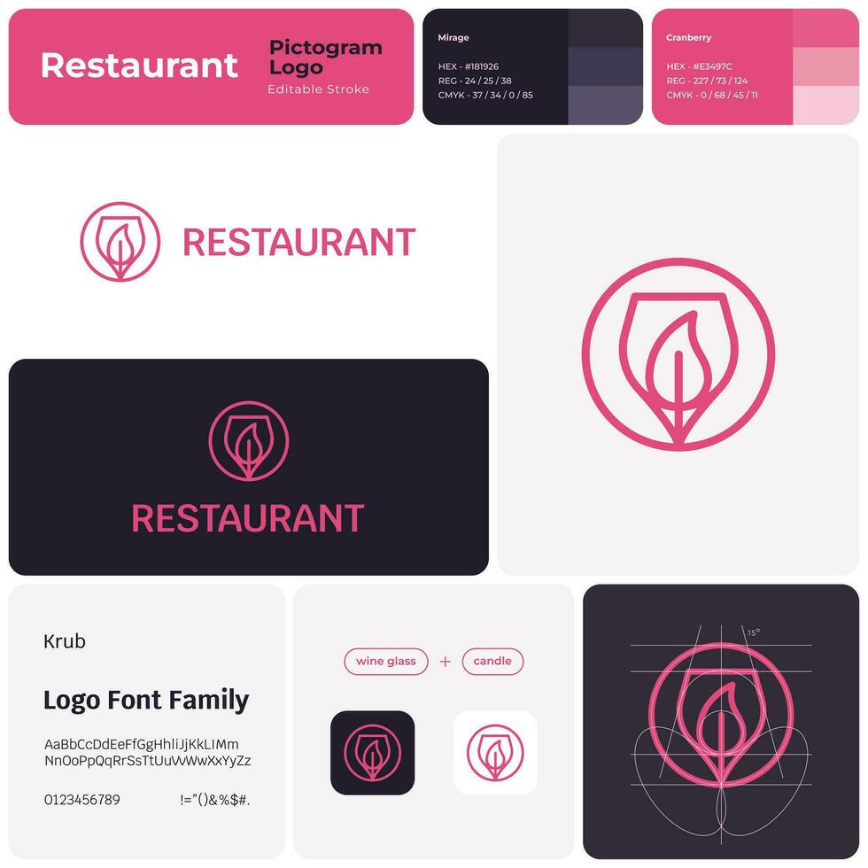 Restaurant line business logo with brand name. Wineglass and candle icon. Design element and visual identity. Template with krub font. Suitable for food chain, bar, restaurant, eatery. vector