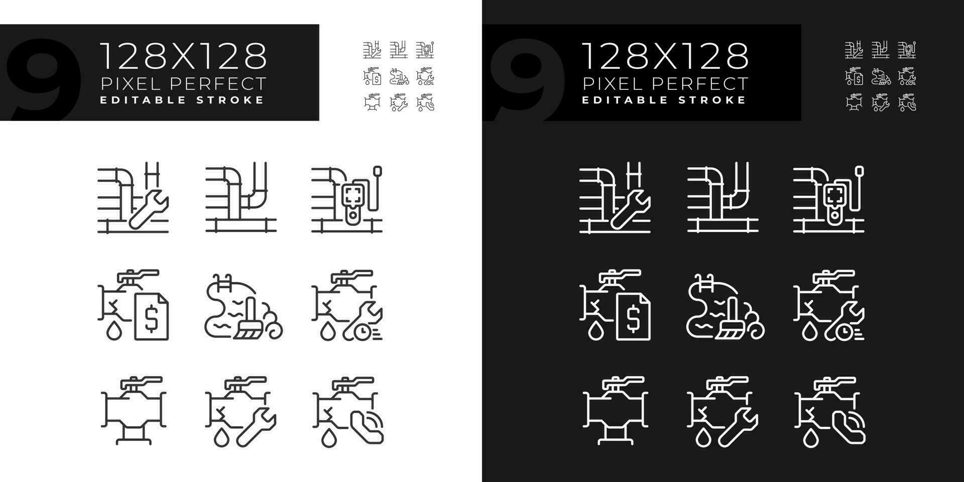 2D pixel perfect dark and light icons set representing plumbing, editable thin line illustration. vector