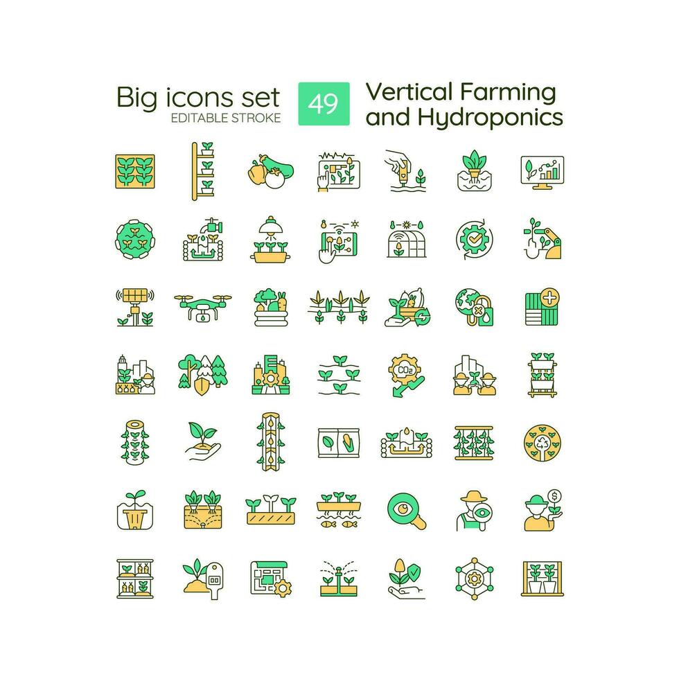 Editable 49 big icons set representing vertical farming and hydroponics, outline vector. vector