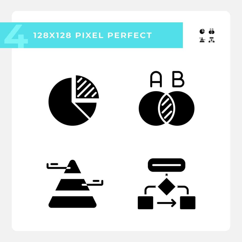 Data presentation black glyph icons set on white space. Charts and diagrams. Marketing report. Business decision. Silhouette symbols. Solid pictogram pack. Vector isolated illustration