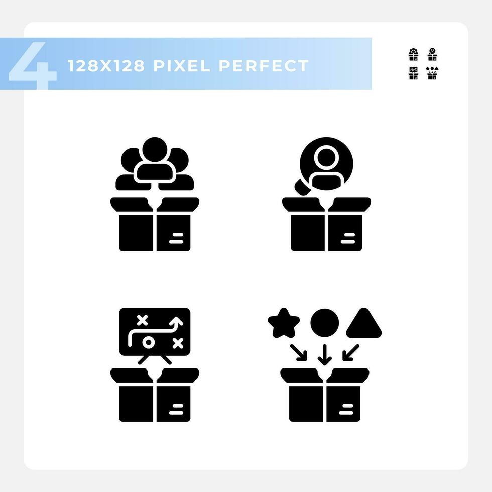 Pixel perfect glyph style icons set representing product management, editable illustration. vector