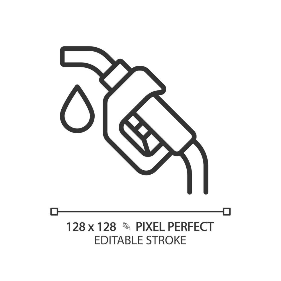 Fuel nozzle linear icon. Gas station. Gasoline pump. Fuel dispenser. Engine running. Refueling car. Petroleum product. Thin line illustration. Contour symbol. Vector outline drawing. Editable stroke