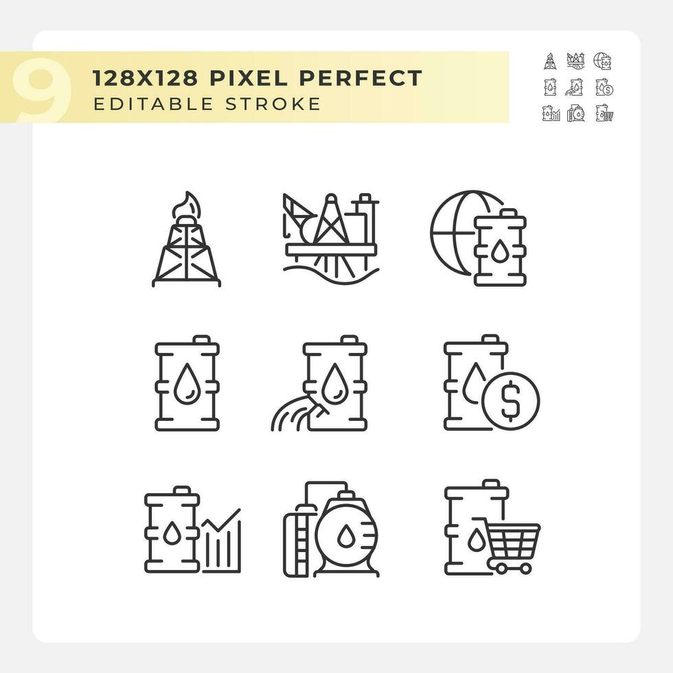 Oil production linear icons set. Energy industry. Crude oil. Oilfield service. Petroleum company. Customizable thin line symbols. Isolated vector outline illustrations. Editable stroke