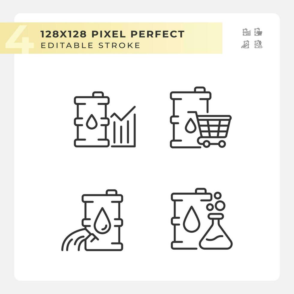 Oil economy linear icons set. Energy market. Petroleum industry. Oil price. Global business. Supply and demand. Customizable thin line symbols. Isolated vector outline illustrations. Editable stroke