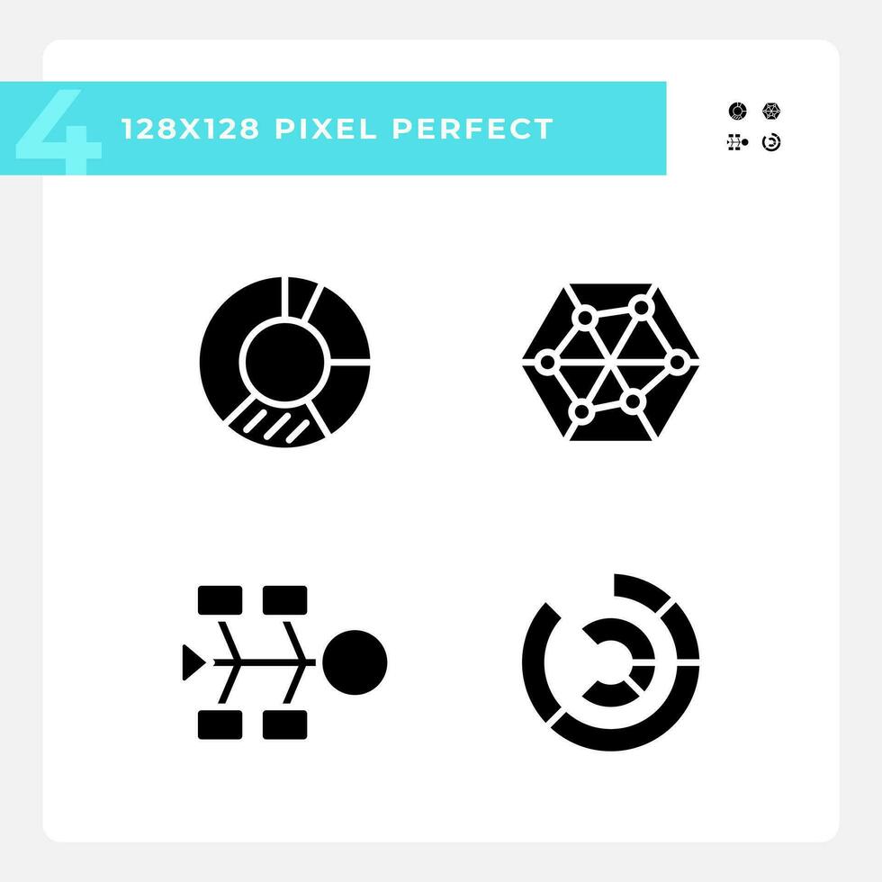 Competitor analysis black glyph icons set on white space. Data distribution. Market research. Charts and diagrams. Silhouette symbols. Solid pictogram pack. Vector isolated illustration