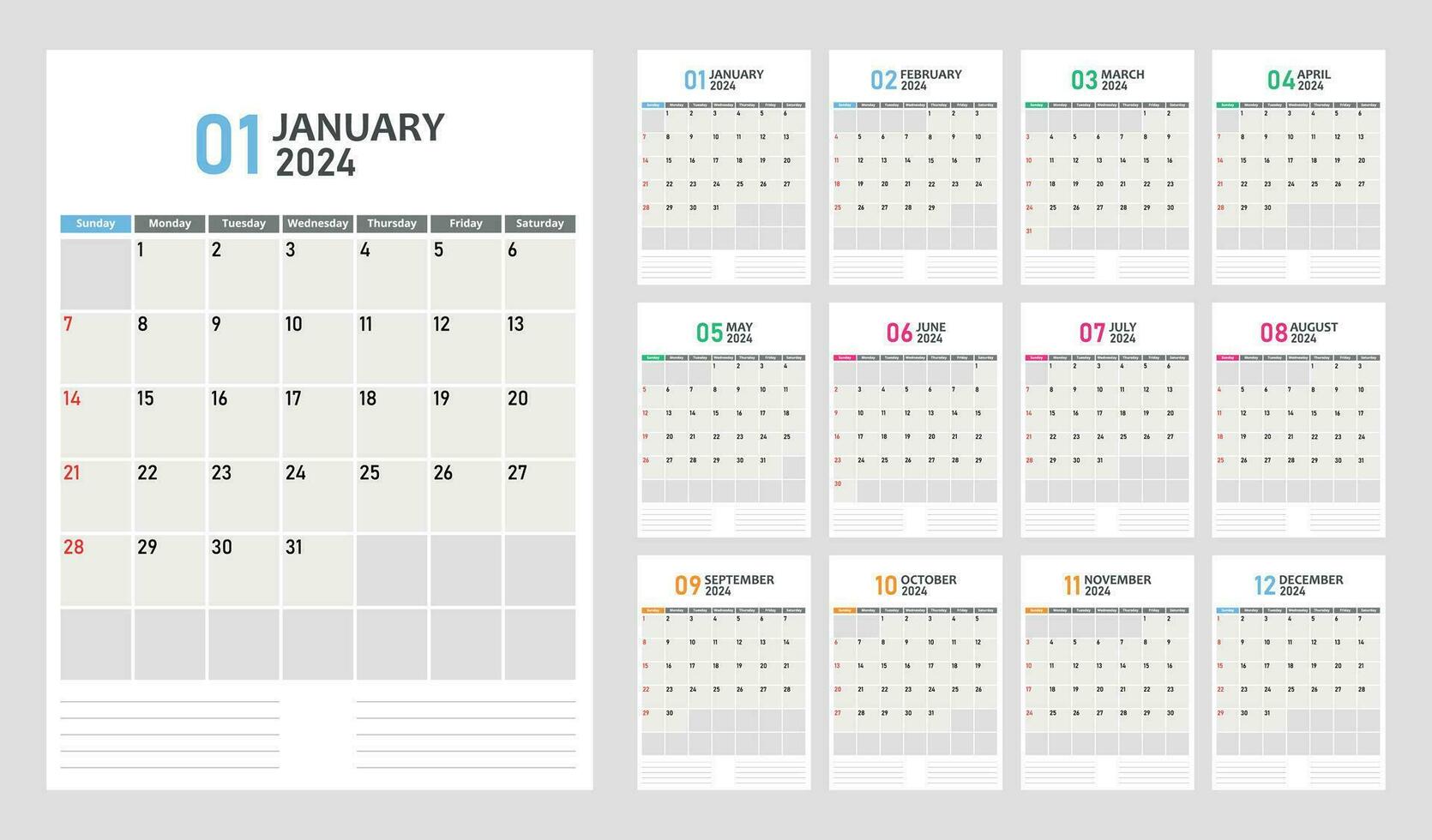 Vector calendar grid for 2024