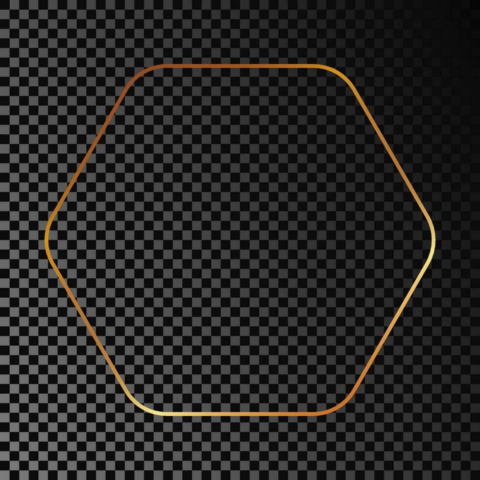 Gold glowing rounded hexagon frame isolated on dark background. Shiny frame with glowing effects. Vector illustration.