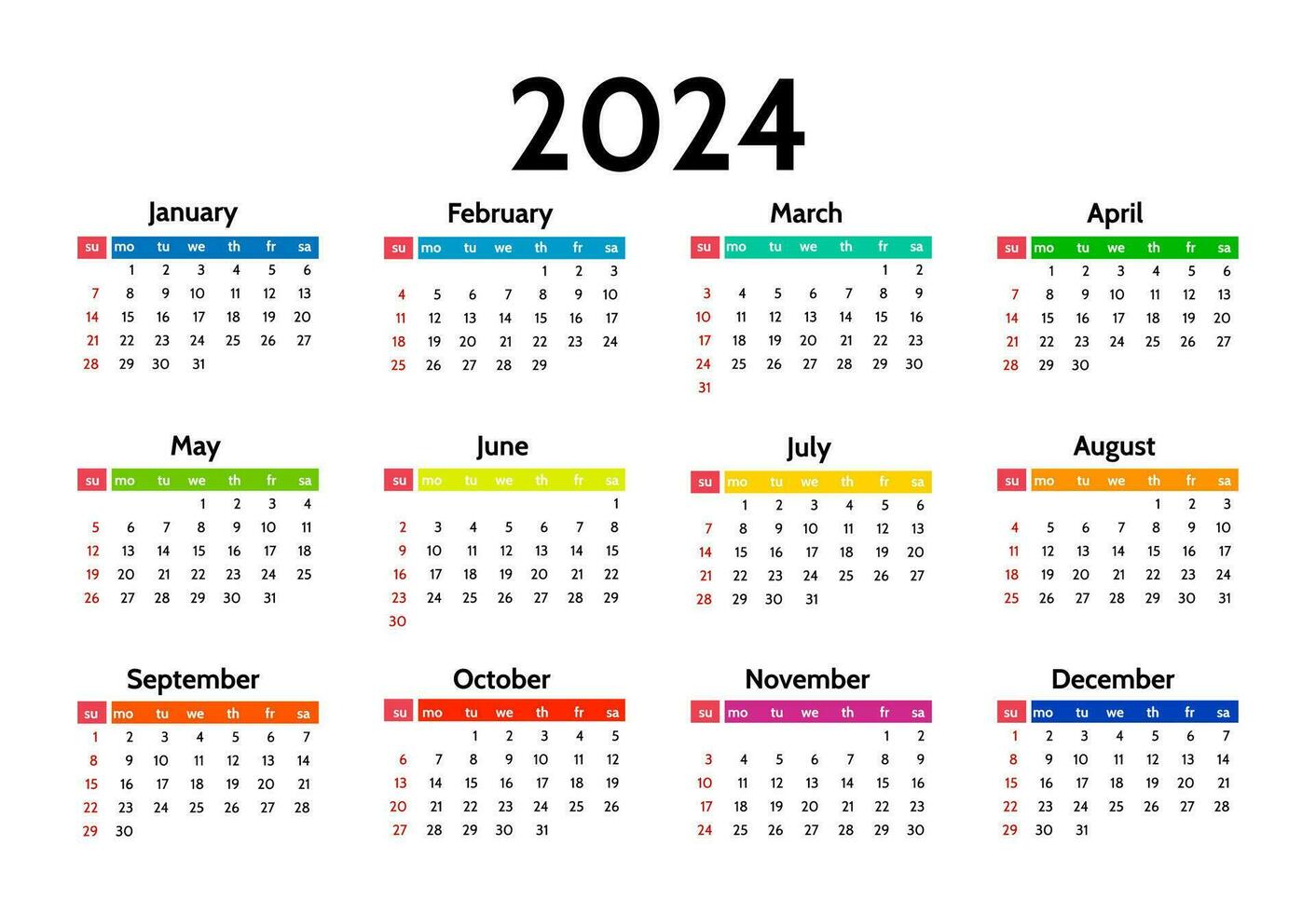 Calendar for 2024 isolated on a white background. Sunday to Monday, business template. Vector illustration