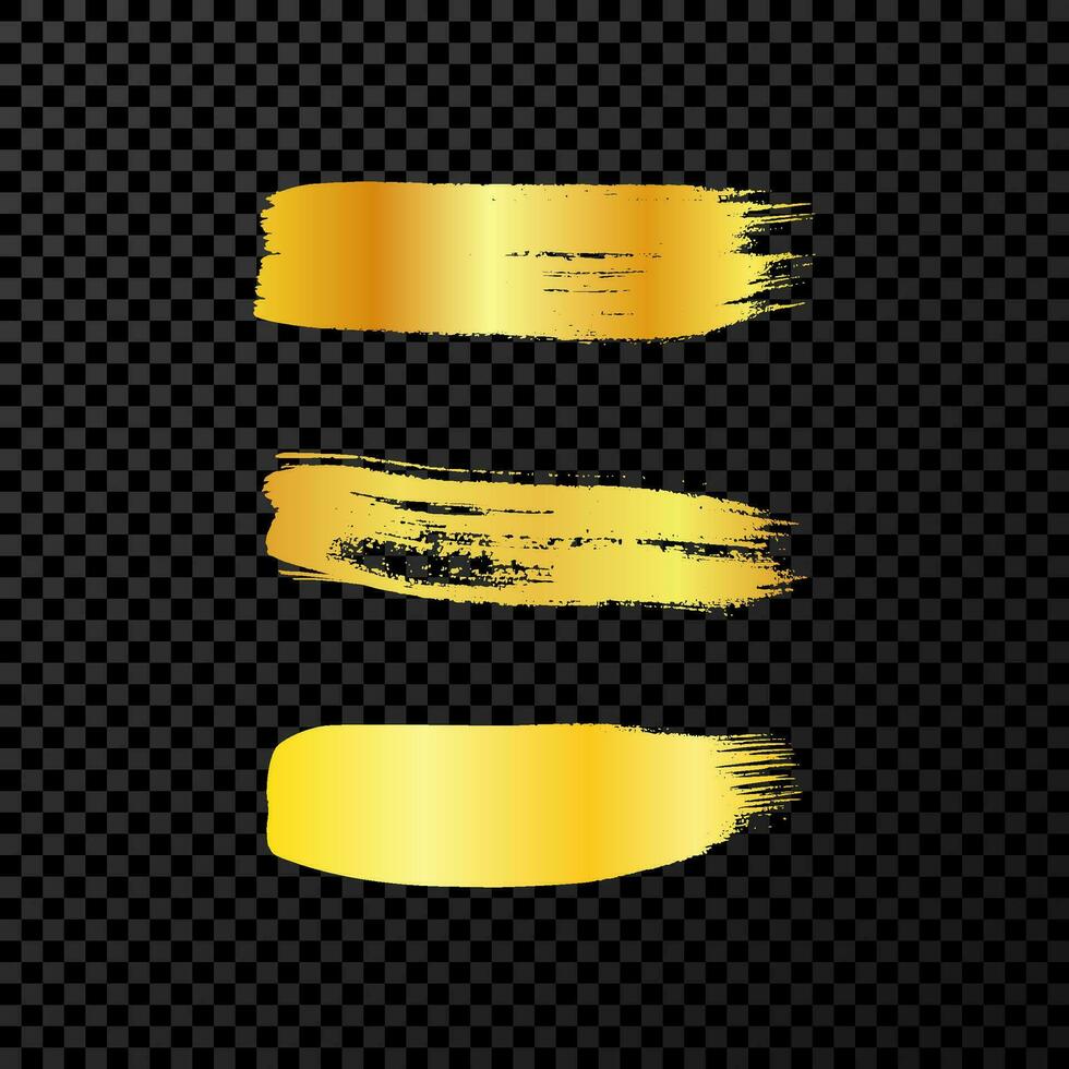 Gold grunge brush strokes. Set of three painted ink stripes. Ink spot isolated on dark background. Vector illustration