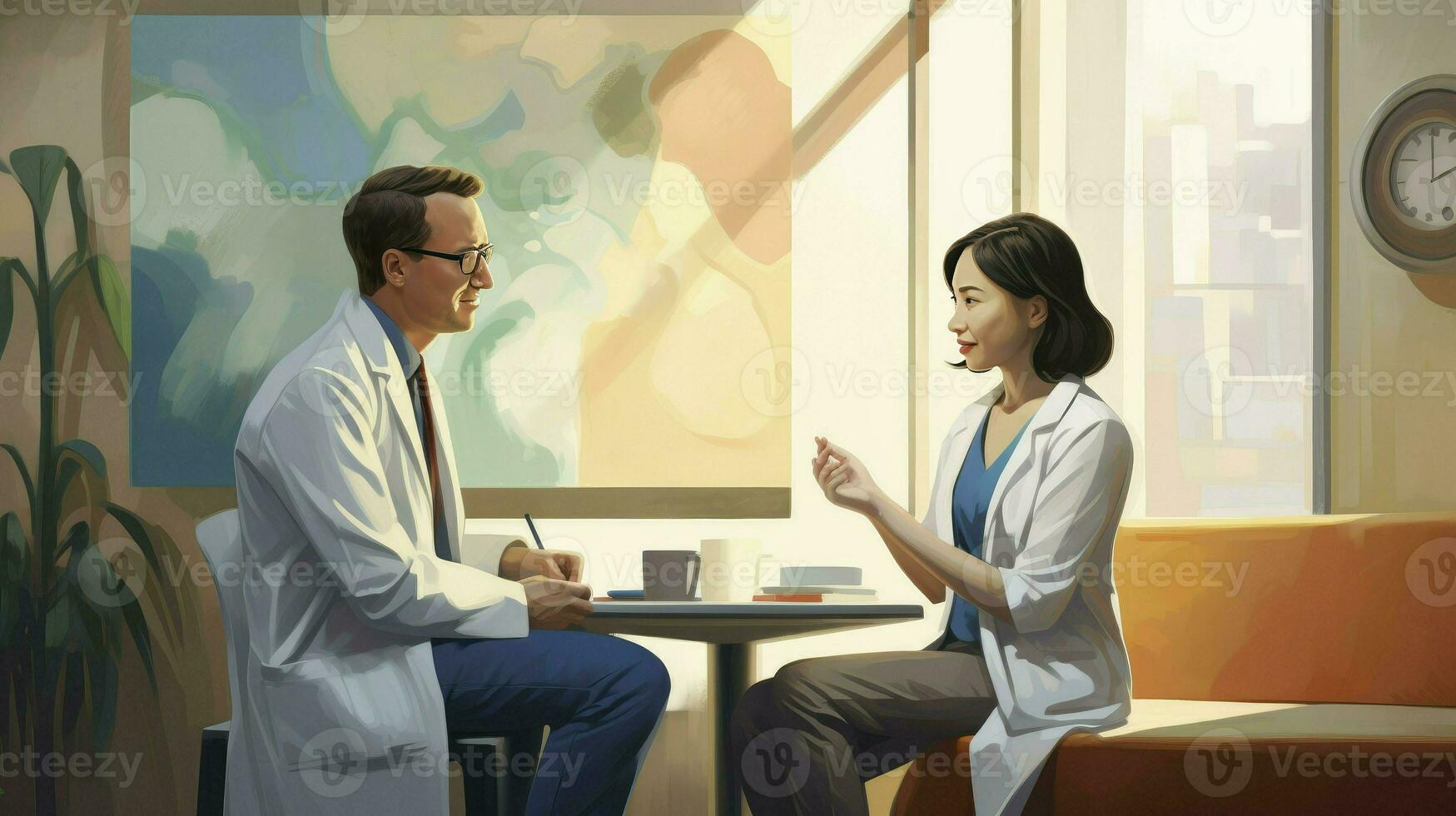 Patient in the doctor office. Doctor consultation. Visit. Modern clinic. Diagnosis. Cartoon illustration. Doctor appointment, AI Generated photo