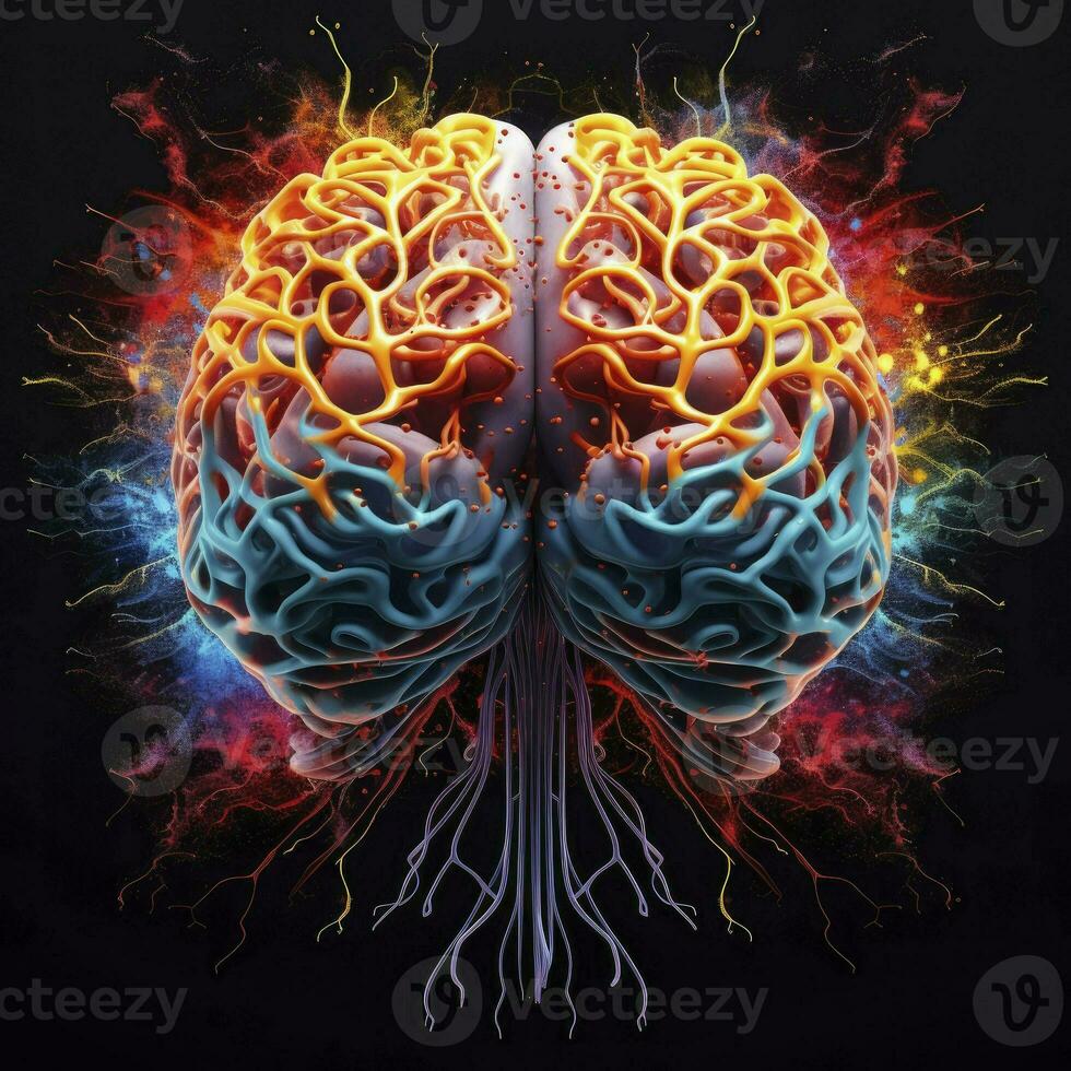 Human brain stimulation or activity with neuron close-up 3D rendering illustration. Neurology, cognition, neuronal network, psychology, neuroscience scientific concepts, AI Generated photo