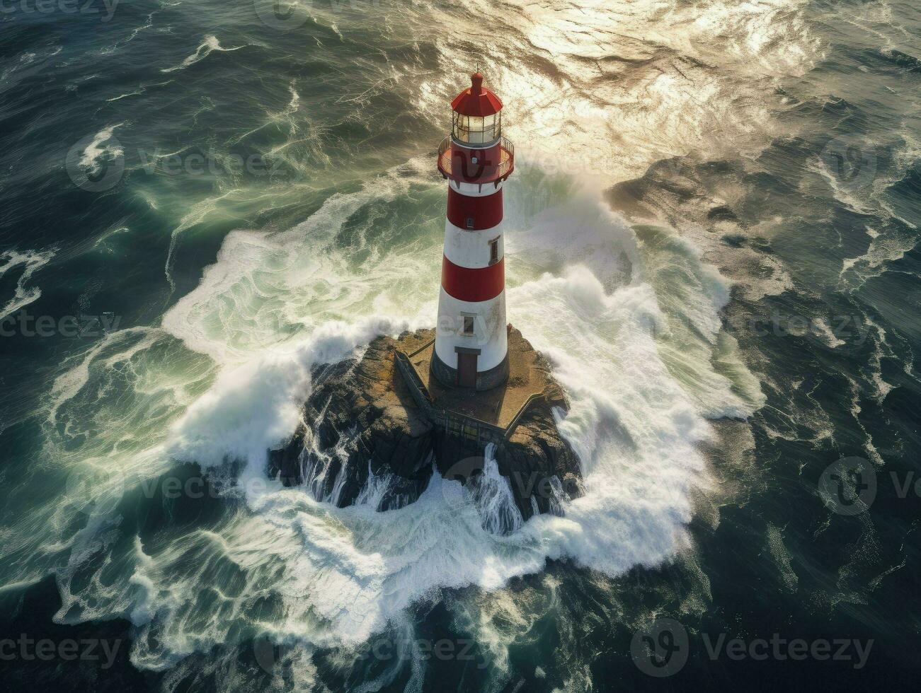 Lighthouse on small island in the sea at sunny day in summer. Aerial top view of beautiful lighthouse on the rock, clear azure water, AI Generated photo