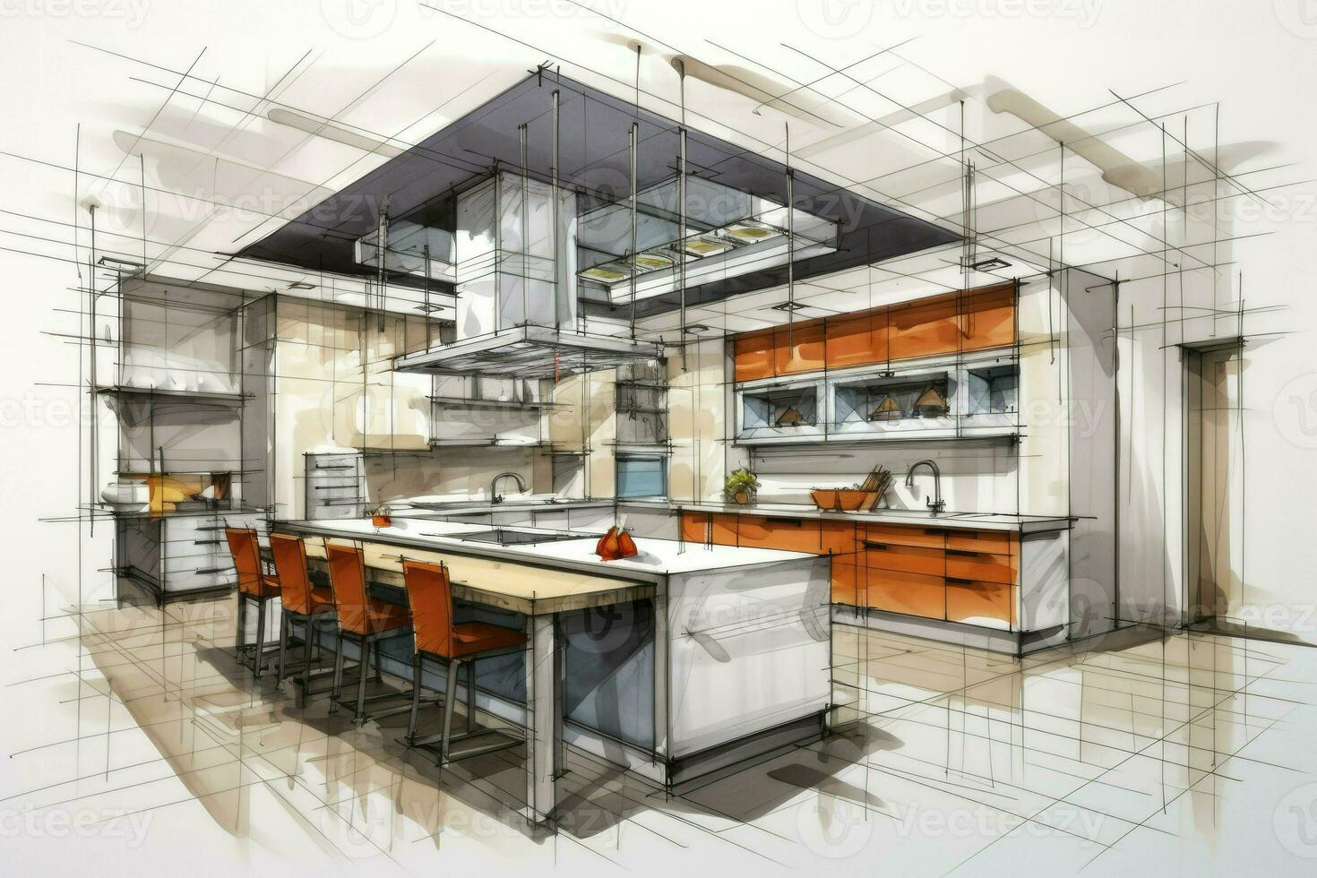 Interior design with modern dining room in color line sketch photo