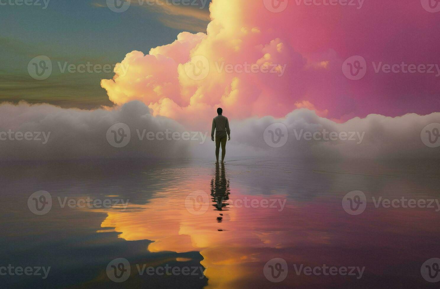 3d render, abstract background man standing in front of pink yellow cloud with reflection in the water. Minimal futuristic seascape photo
