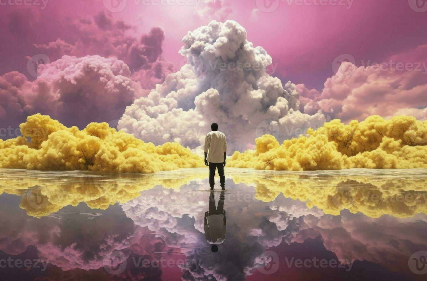 3d render, abstract background man standing in front of pink yellow cloud with reflection in the water. Minimal futuristic seascape photo
