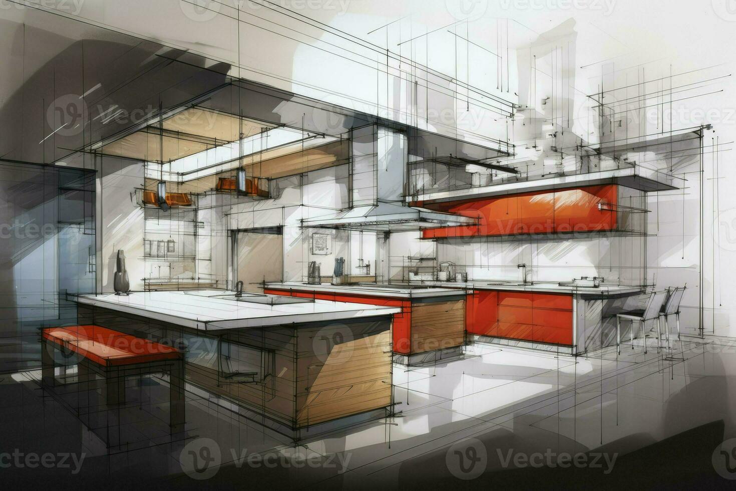 Interior design with modern dining room in color line sketch photo