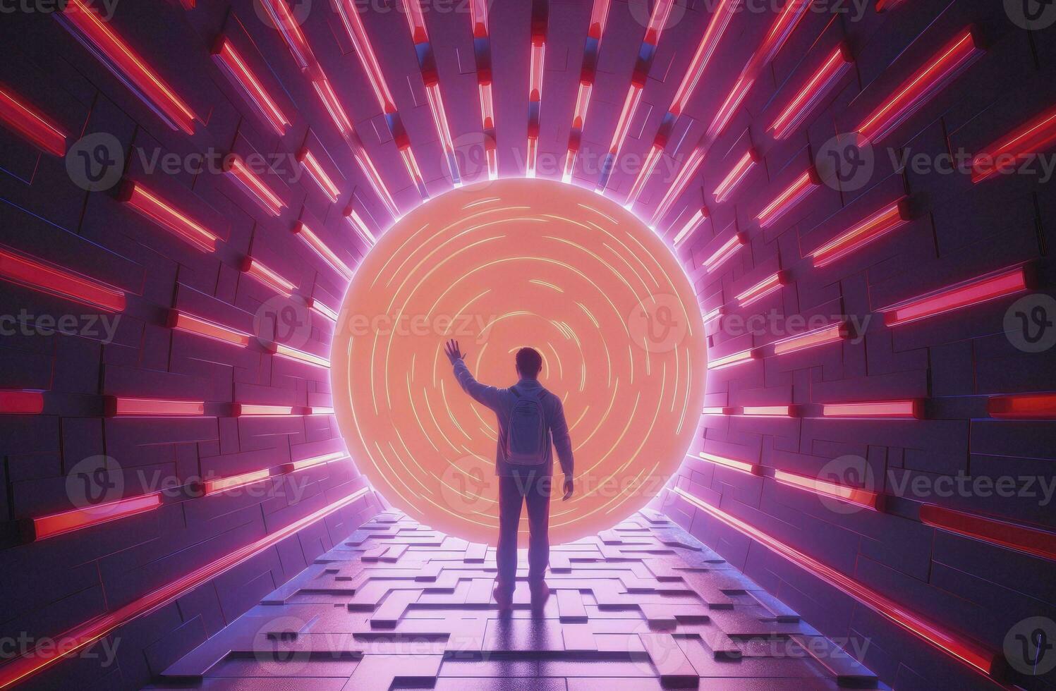 Man reaching out a Circle teleport podium. Portal science futuristic stage. Teleportation. Magic gate in game fantasy. GUI and UI virtual reality 3D circular. Portal to another universe, AI Generated photo