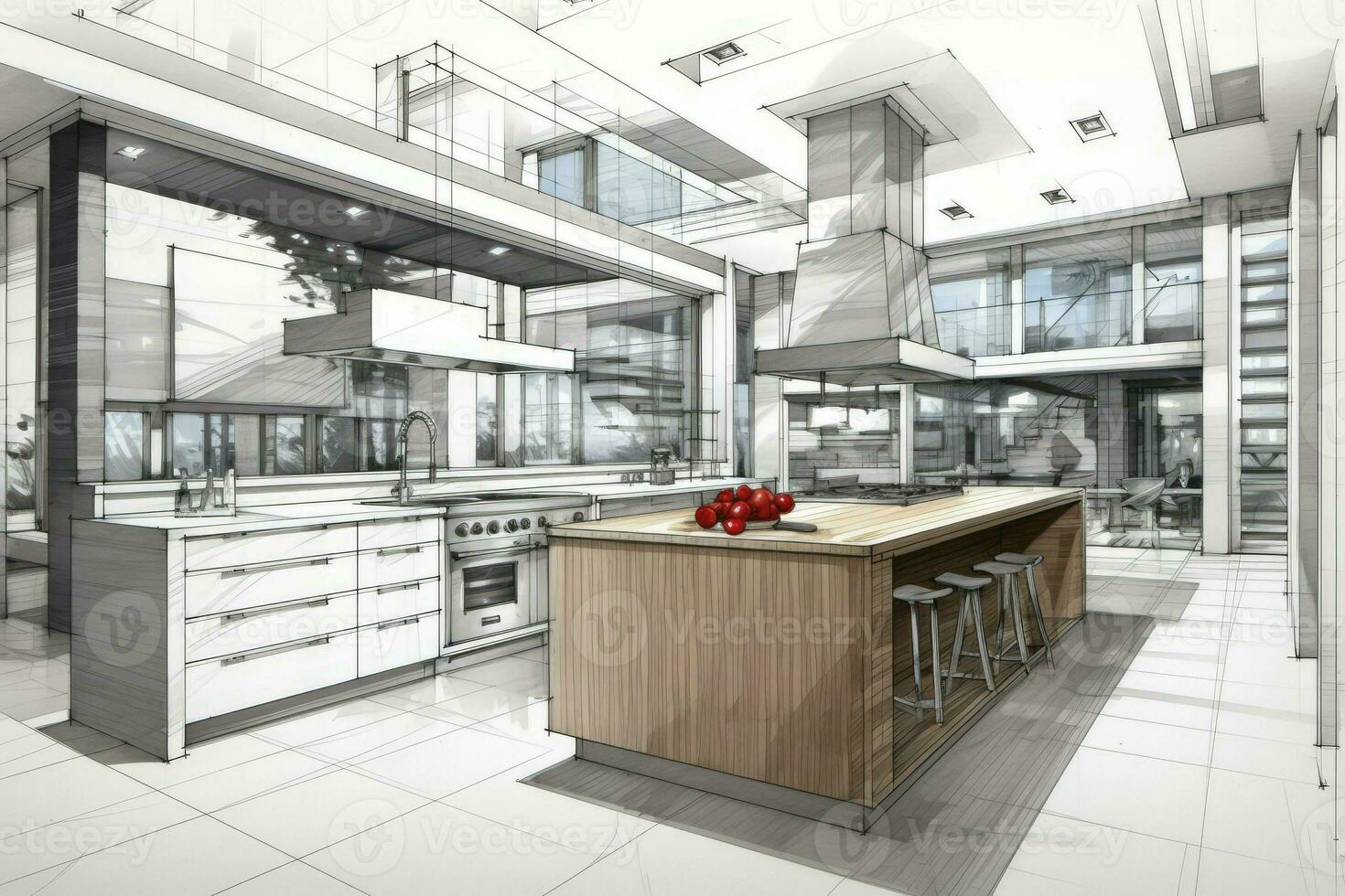Interior design with modern dining room in color line sketch photo