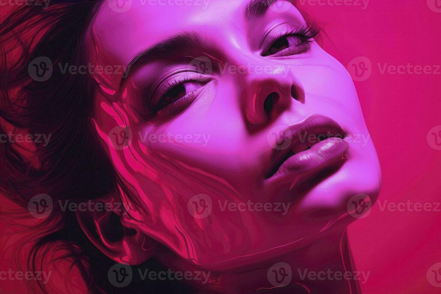 Beauty portrait of young woman fashion model with healthy long hair on viva magenta background, AI Generated photo