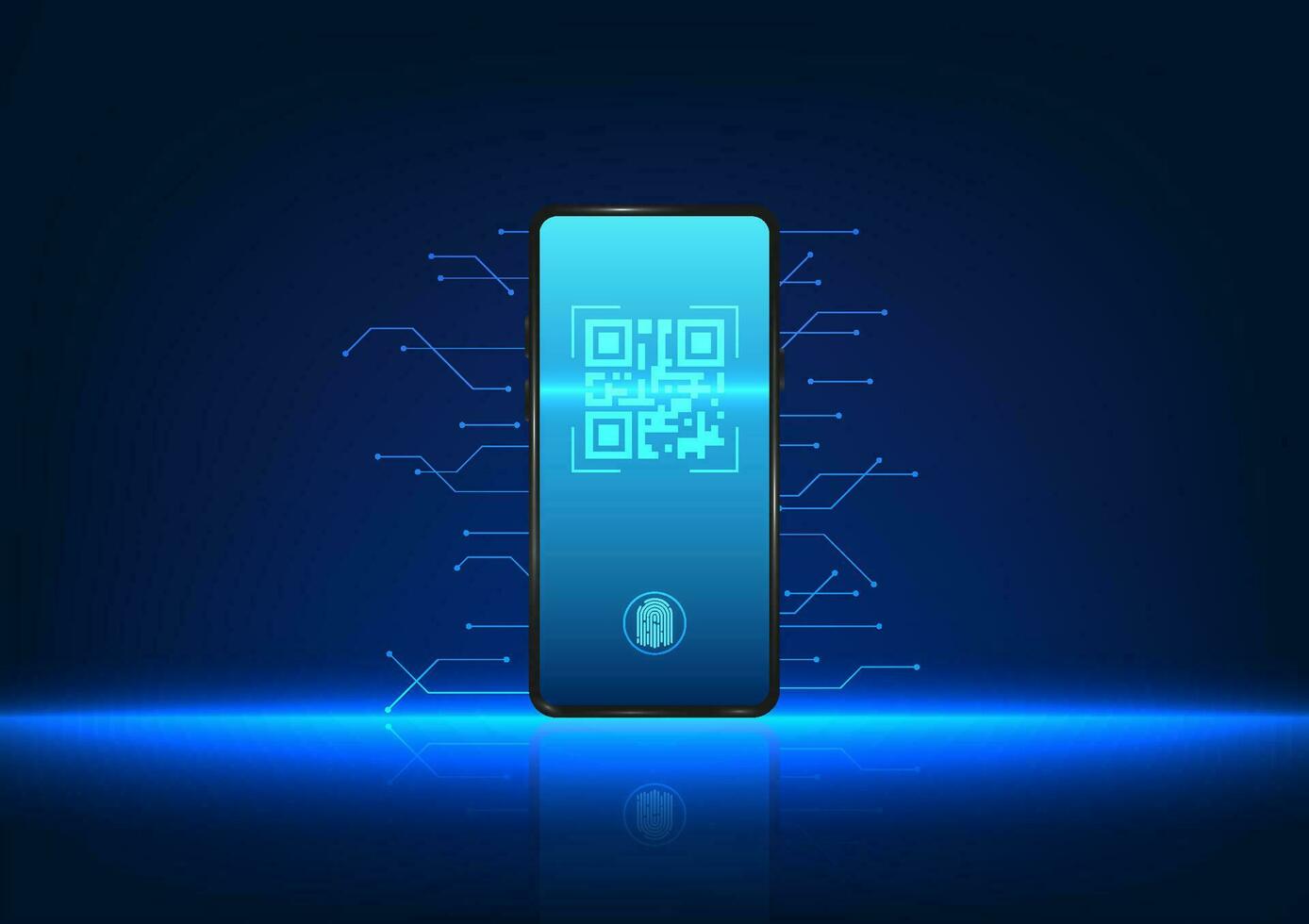 Smartphone technology scanning QR code The mobile phone has a QR code on the screen and a technology circuit on the back. Shows payment or access to data via phone scan vector