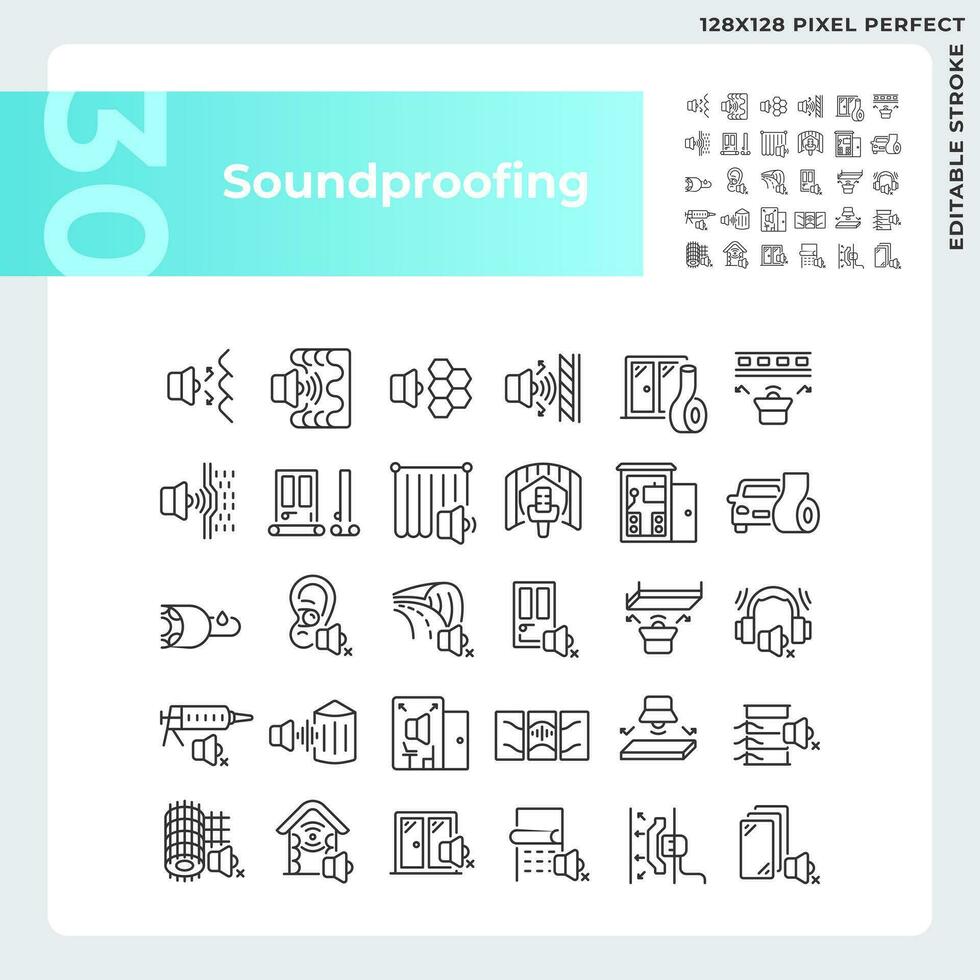 Pixel perfect black icons collection representing soundproofing, editable thin line illustration. vector