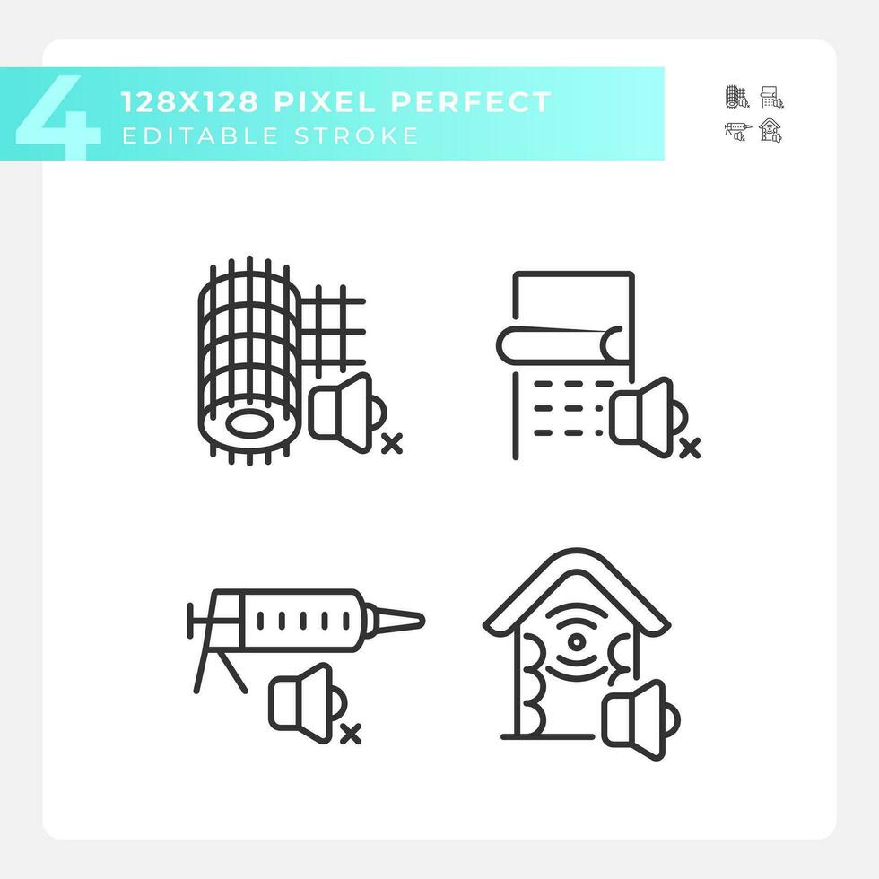 2D pixel perfect black thin line icons pack representing soundproofing, editable illustration. vector