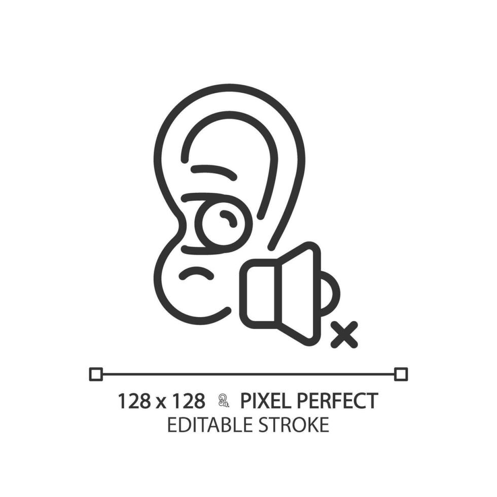 2D pixel perfect editable earplug black icon, isolated vector, soundproofing thin line illustration. vector