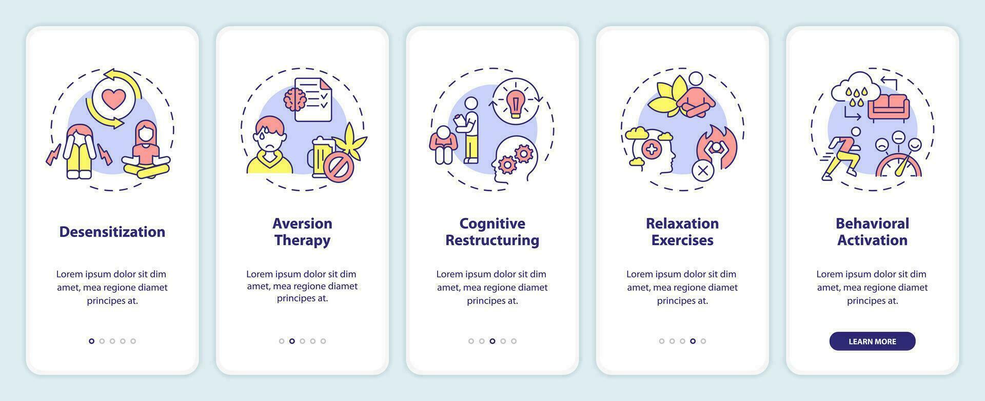 2D icons representing behavioral therapy mobile app screen set. Walkthrough 5 steps colorful graphic instructions with thin line icons concept, UI, UX, GUI template. vector
