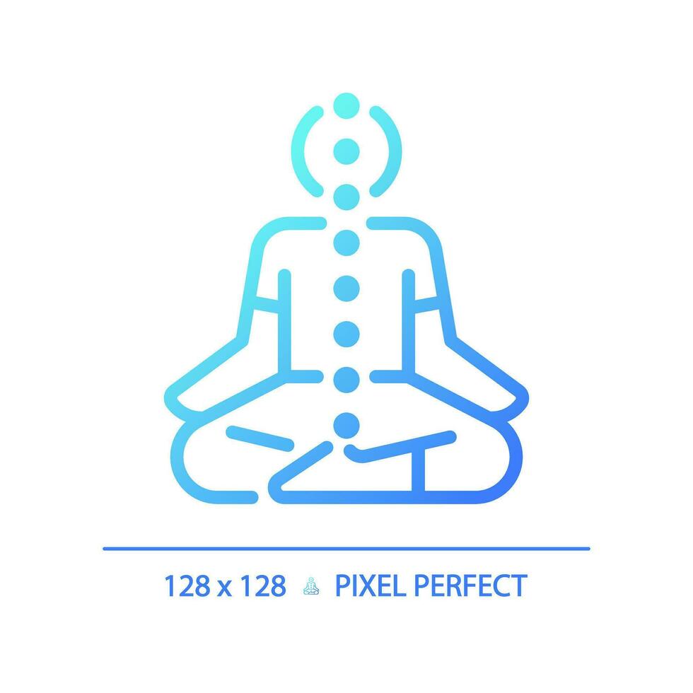 2d píxel Perfecto azul degradado meditando icono, aislado vector, meditación Delgado línea ilustración. vector