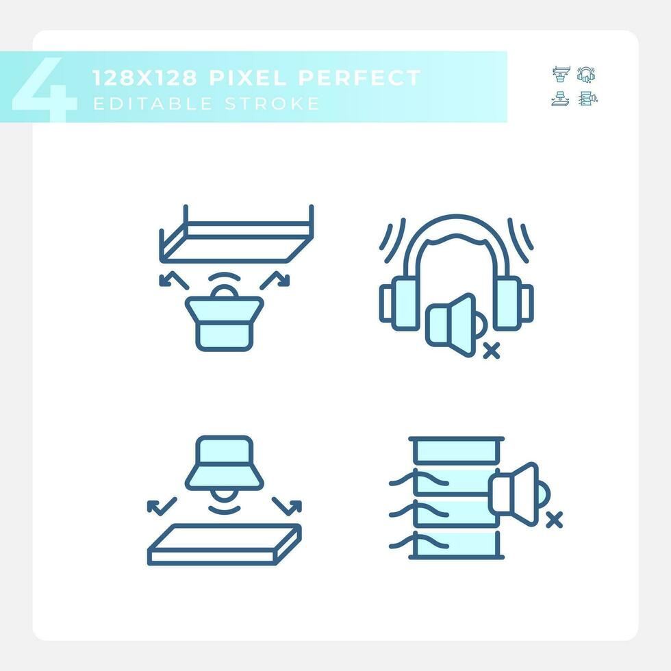 2D pixel perfect blue icons set representing soundproofing, editable thin linear illustration. vector
