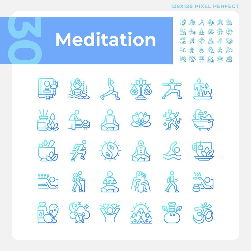 Pixel perfect gradient icons set representing meditation, blue thin line wellness illustration. vector