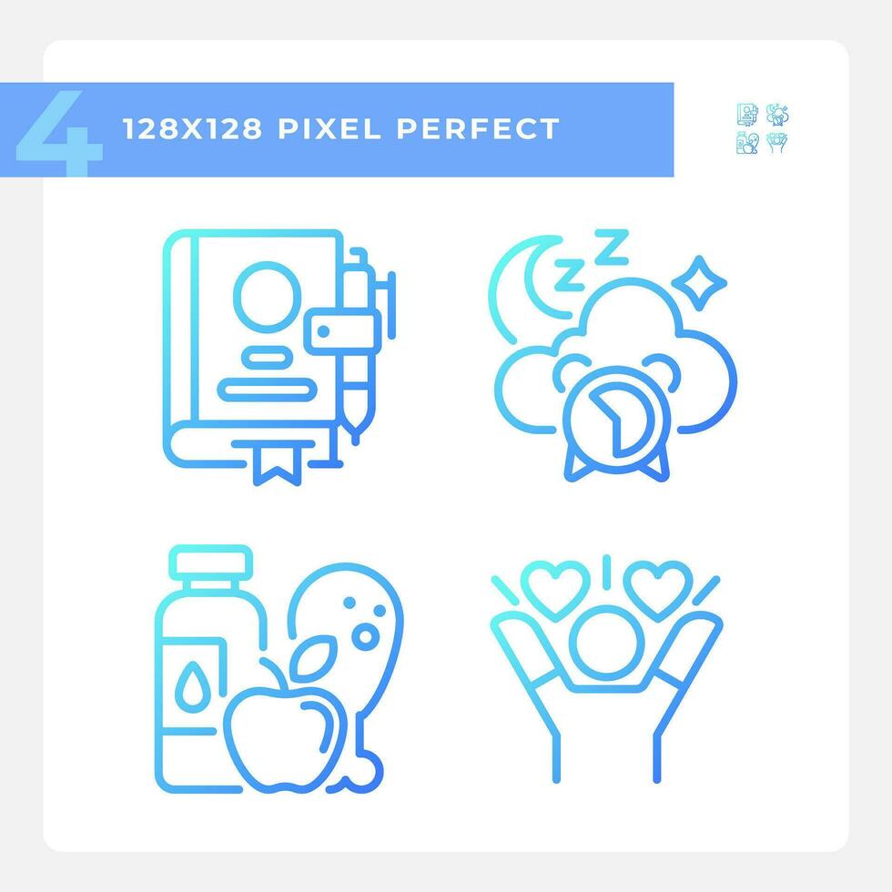 2D pixel perfect gradient icons set representing meditation, blue thin linear wellness illustration. vector
