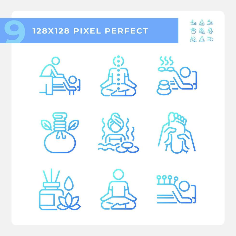 Pixel perfect icons set representing meditation, blue gradient thin line wellness illustration. vector