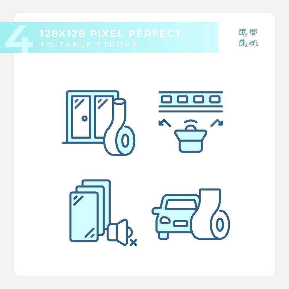 Pixel perfect blue icons set representing soundproofing, editable thin line illustration. vector