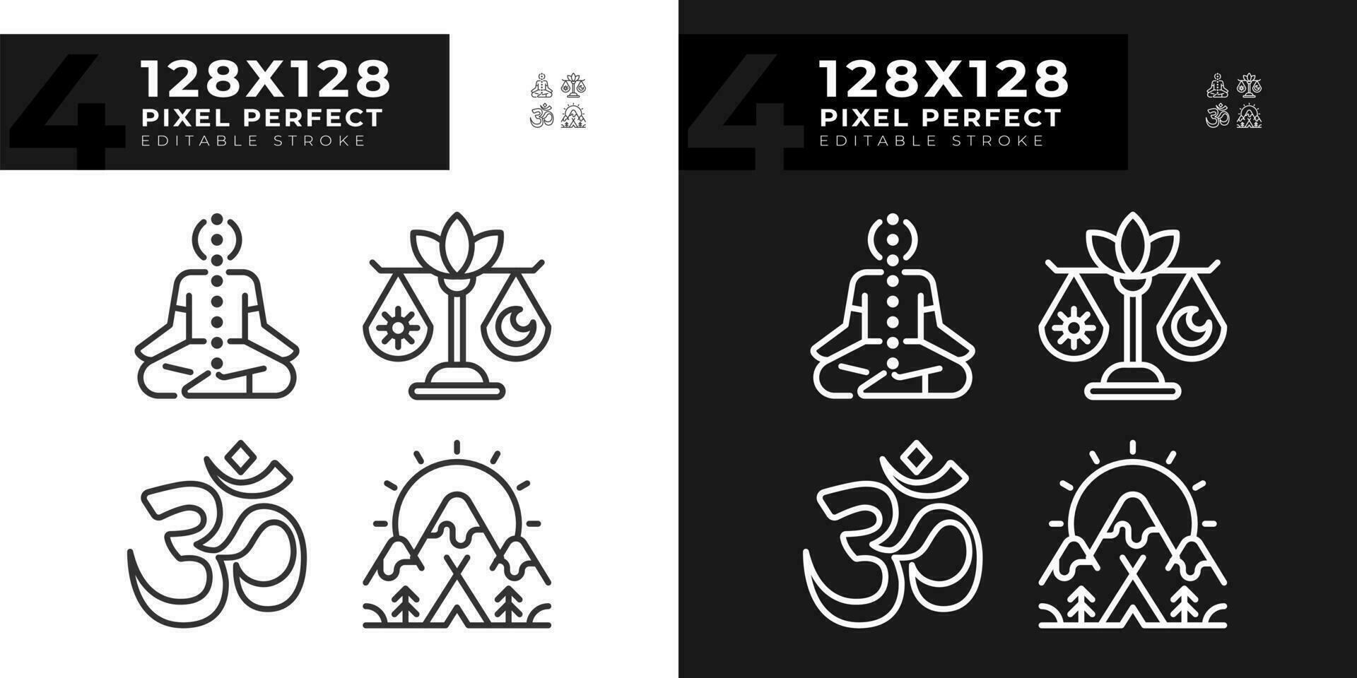 2D light and dark mode icons set representing meditation, editable thin linear wellness illustration. vector