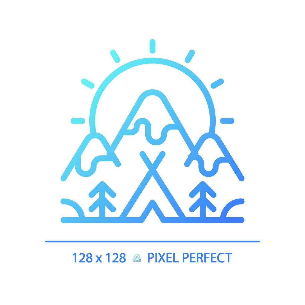2D pixel perfect blue gradient camping and mountain icon, isolated vector, thin line illustration. vector