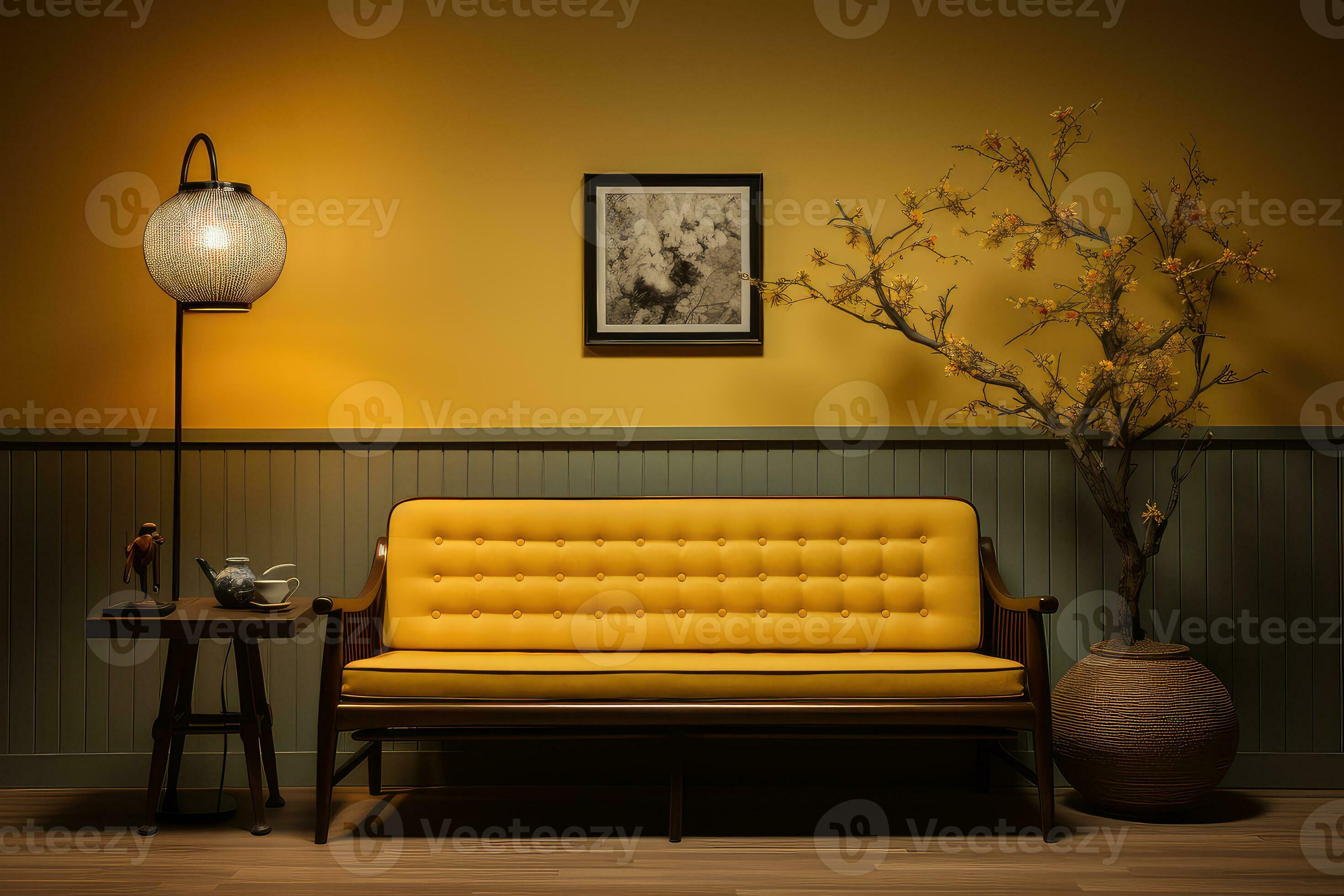 Modern home interior design yellow wooden bench, table lamp, frame on