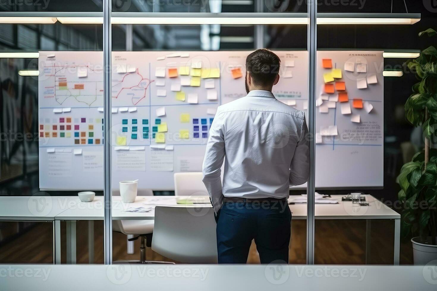 Creative people, thinking and meeting for schedule planning, brainstorming or team strategy at the office. Agenda or marketing strategy for startup at workplace. Employee with plan. AI Generated photo