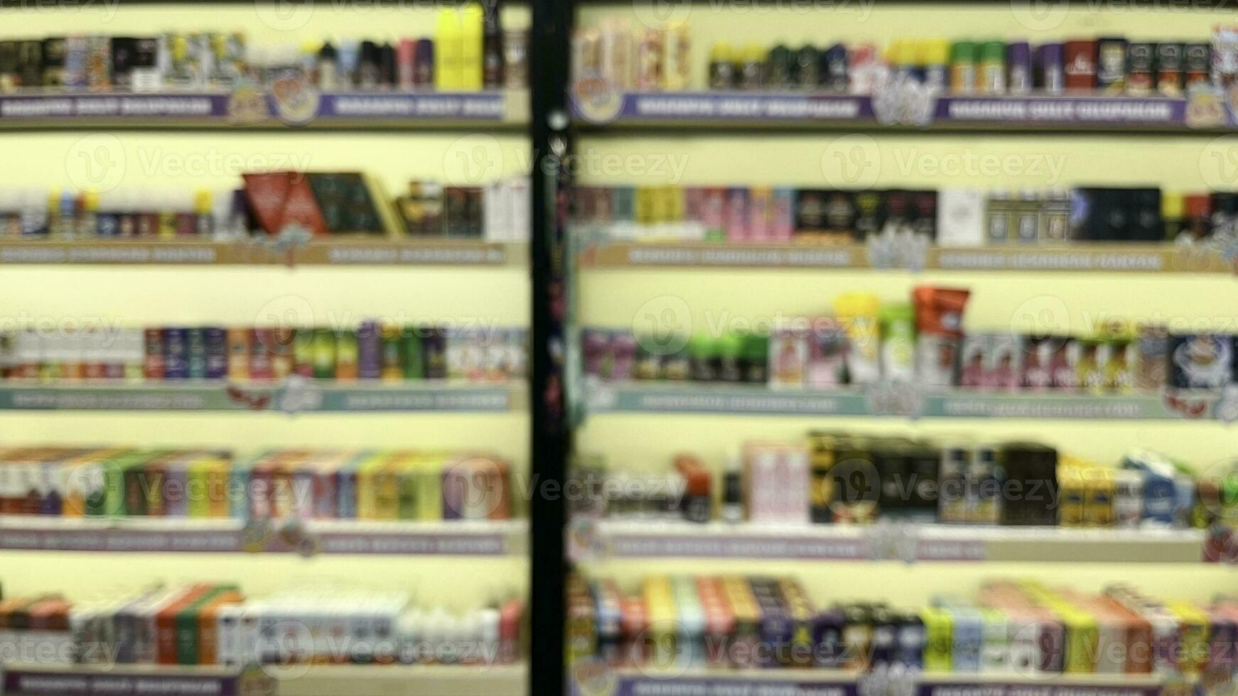 Abstract blurred of products showcase in a store, with bokeh light background. photo