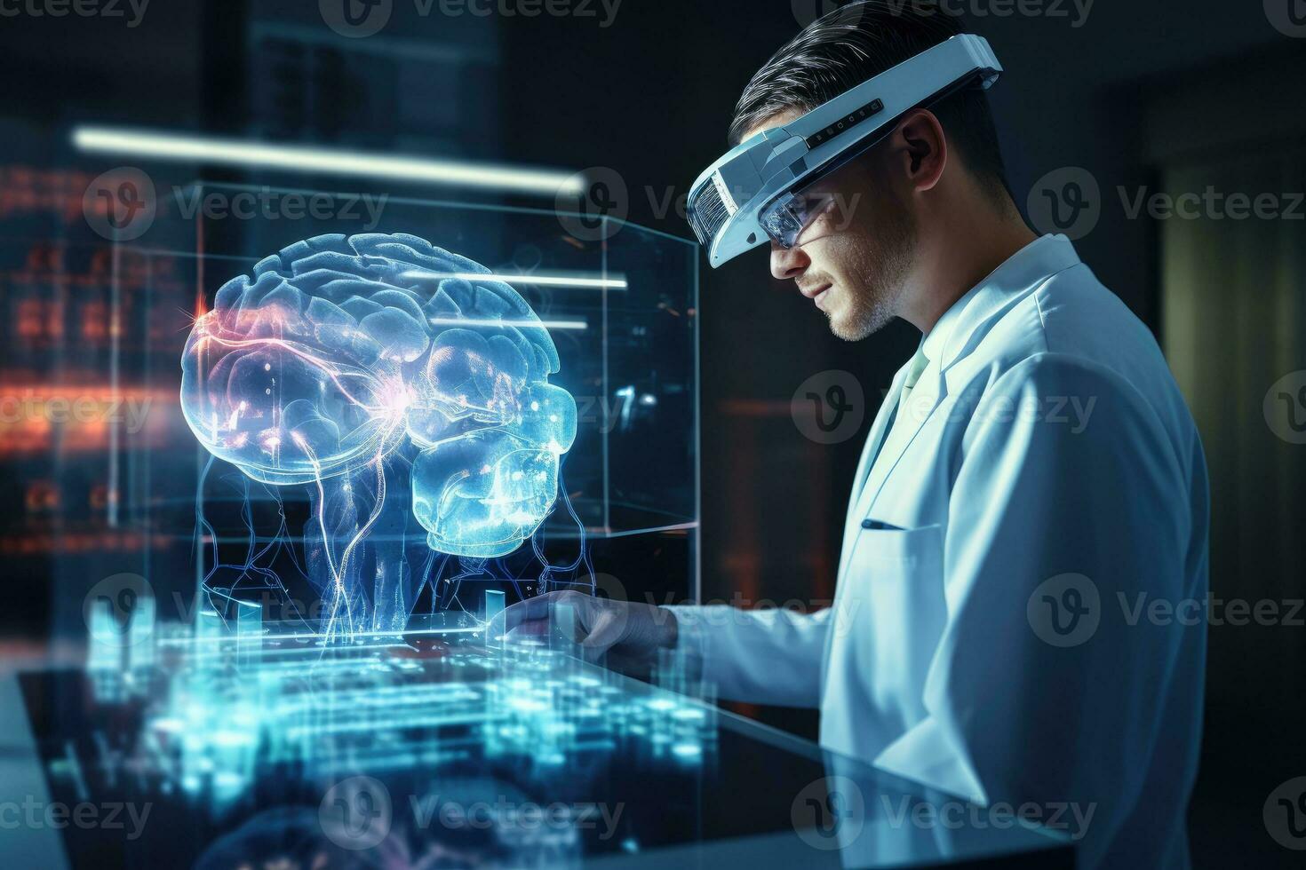 Side view of young male scientist using tablet with glowing brain hologram. 3D rendering, Doctor checking brain testing result with computer interface, Abstract, AI Generated photo