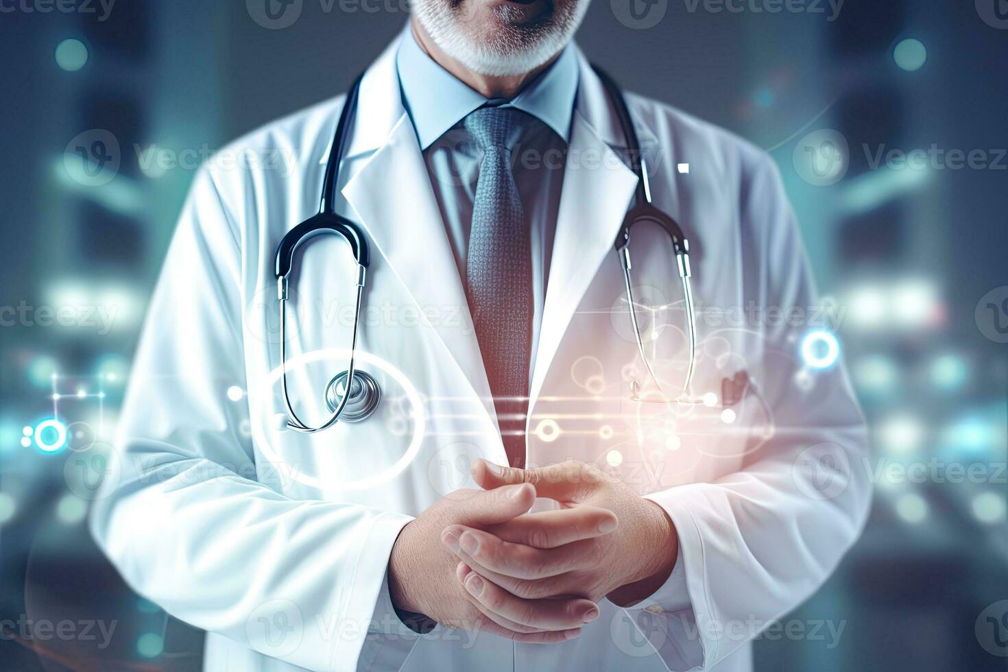 Close up of male doctor hands using tablet computer with glowing medical interface. Medicine and healthcare concept. Double exposure, Doctor hand in hospital, AI Generated photo